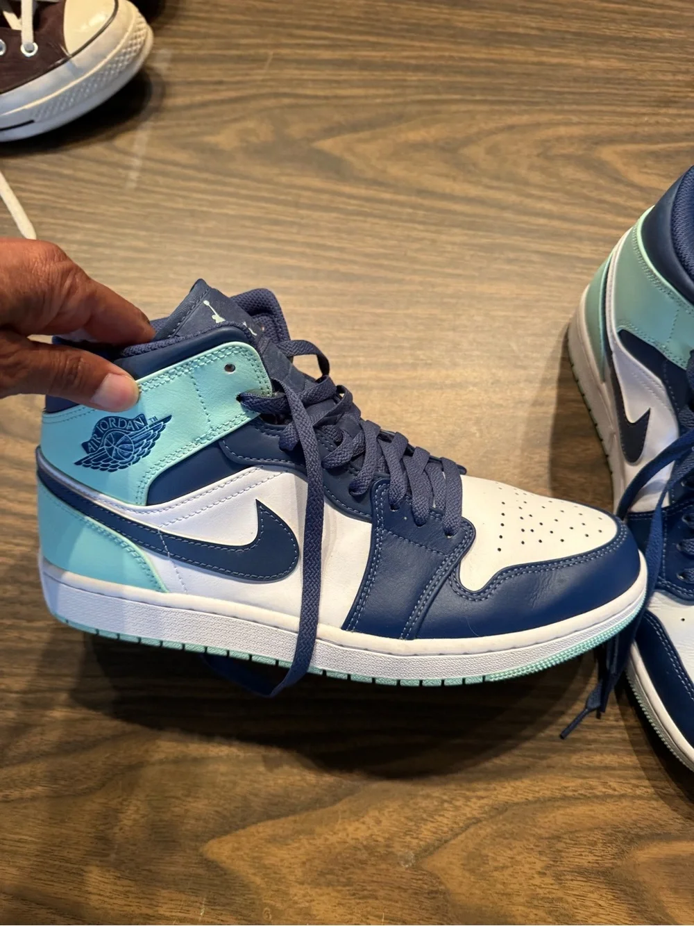 Air Jordan Mid Top Sneakers in Navy, White & Light Green